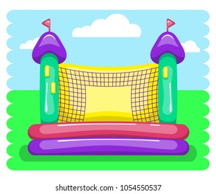 Vector illustration with inflatable trampoline. Bright cartoon style. Eps 10
