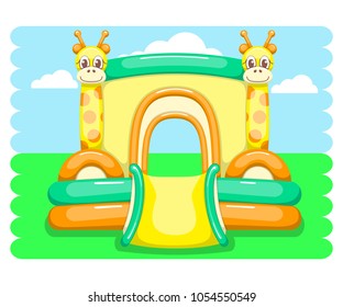 Vector illustration with inflatable trampoline. Bright cartoon style. Eps 10