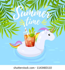 Vector illustration, inflatable unicorn with a cocktail in a swimming pool. Summer time text.