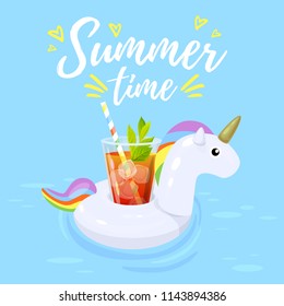 Vector illustration, inflatable unicorn with a cocktail in a swimming pool. Summer time text.