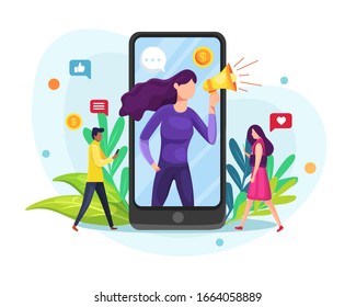 Vector illustration Influence or blogger. Mobile phone, woman with megaphone on screen and young people surrounding her. Influencer, social media or network promotion. Vector flat illustration