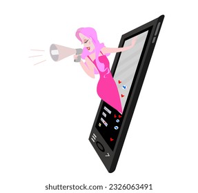 Vector Illustration influencer social media marketing. Online engagement communication business.Woman blogger promotion services and goods for her followers online on mobile.