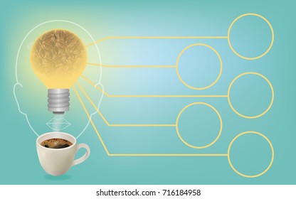 Vector illustration info graphic.Hot coffee cup with floating smoke. coffee Beans in light bulbs. The background is pastel blue and line art head. Ready to serve you when break from the stressful job.