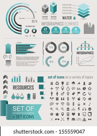 Vector Illustration with Info graphics retro elements. Green on white background. Statistics, charts and graphs. Simple flat symbols for your design.