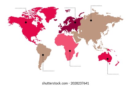 Vektorgrafik. Infografiken. Die Weltkarte ist in sechs Kontinente in beige und rosa Farben unterteilt: Nordamerika, Südamerika, Afrika, Europa, Asien und Australien, Ozeanien. Keine Inschriften.