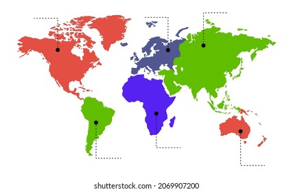 Vector illustration. Info graphics. The world map is divided into six continents color: North America, South America, Africa, Europe, Asia and Australia, Oceania. No inscriptions.