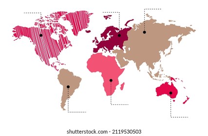 Vector illustration. Info graphics. The world map is divided into six continents in beige and pink colors: North America, South America, Africa, Europe, Asia and Australia, Oceania. No inscriptions.