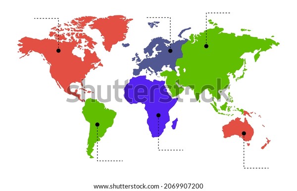 Vector\
illustration. Info graphics. The world map is divided into six\
continents color: North America, South America, Africa, Europe,\
Asia and Australia, Oceania. No\
inscriptions.
