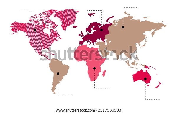 Vector illustration. Info graphics. The\
world map is divided into six continents in beige and pink colors:\
North America, South America, Africa, Europe, Asia and Australia,\
Oceania. No\
inscriptions.