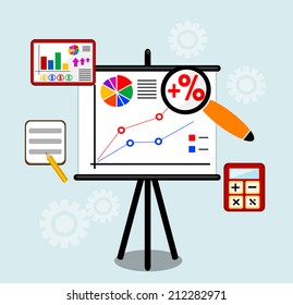Vector illustration infographic concept with icons of modern business working elements, finance paperwork objects and financial planning for development business project.