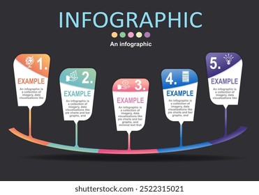 Vector illustration of the infographic, curved lines divided into 5 sections with boxes for text, presentation, management, administration, planning, banking and administration, and progress timeline.