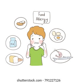 Vector Illustration Infographic Design A Boy And Food Allergy.Draw Doodle Cartoon Style.