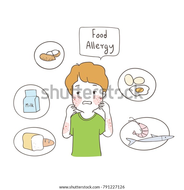 少年と食物アレルギーをデザインしたベクターイラストインフォグラフィック 落書き風漫画スタイルを描く のベクター画像素材 ロイヤリティフリー