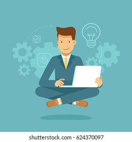 Vector illustration and infographic design in flat style - man sitting in lotus pose with laptop - freelance or outsource worker - business man working on start up