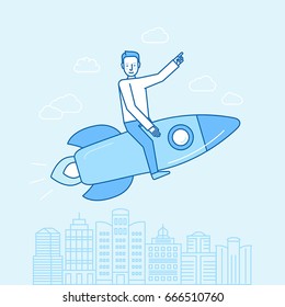 Vector illustration and infographic design in flat linear style - happy man sitting on a rocket - startup concept - fast success and business growth concept