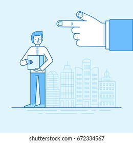 Vector Illustration And Infographic Design In Flat Linear Style - Unhappy Man Lost His Job - Male Character Standing With Box And Boss Hand Pointing Out