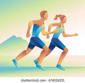 Ilustración vectorial y diseño gráfico en forma de gradiente plano - hombre y mujer con concepto de maratón - póster deportivo y pancarta