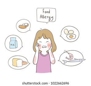 Vector Illustration Infographic Design A Girl And Food Allergy.Draw Doodle Cartoon Style.