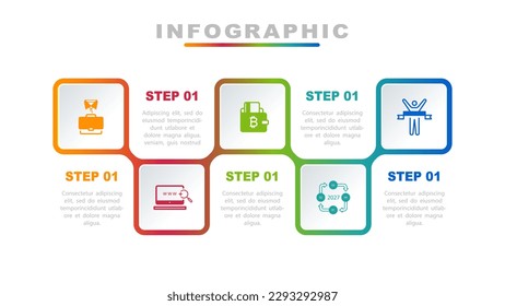 Vector illustration. Infographic design template, business information, icons, presentation, with 5 options. Can be used to create workflows, annual report charts, web design. Business concept, flat