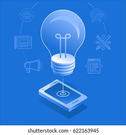 Vector illustration and infographic design template in flat and isometric style - light bulb and mobile phone - app development creative process
