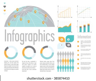 Vector illustration of infographic elements, icons, and world map.