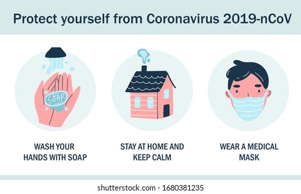 Vector illustration with infographic information how protect yourself from coronavirus 2019-nCov. Wash hands, stay home and wear a mask. Cute doodle hand drawn art with medical and health concept