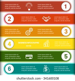 Vector illustration infographic, numbered multi-coloured strips, template six positions for text area, possible to use for workflow, banner, diagram, web design, timeline, business project