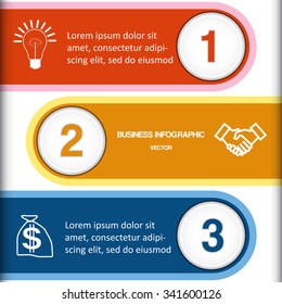 Vector illustration infographic, numbered multi-coloured strips, template three positions for text area, possible to use for workflow, banner, diagram, web design, timeline, business project 