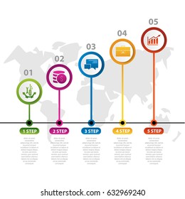 Vector illustration. Infographic pattern with the image of 5 circles, in the form of a drop. 3d style with world map and five steps. Used for business presentations, education, web design.