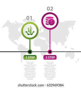 Vector illustration. Infographic pattern with the image of 2 circles, in the form of a drop. 3d style with world map and two steps. Used for business presentations, education, web design.