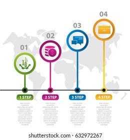 Vector illustration. Infographic pattern with the image of 4 circles, in the form of drop. 3d style with world map and four steps. Used for business presentations, education, web design.