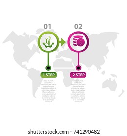 Vector illustration. Infographic pattern with the image of 2 circles, in the form of a drop. 3d style with world map and two steps. Used for business presentations, education, web design.