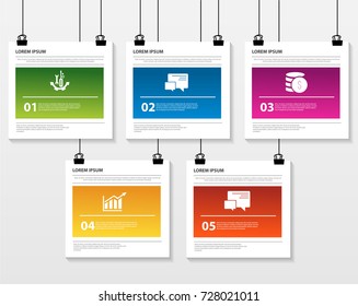 Vector illustration. Infographic pattern on a suspended sheet of paper. 3d style with three steps. Used for business presentations, education, web design. Place for text and icons.