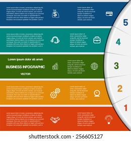 Vector illustration infographic for success business project and other Your variant template with text areas on five positions, 5 colour strips and semicircle with figures.