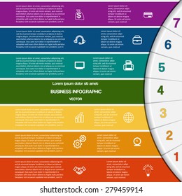 Vector illustration infographic for success business project and other Your variant template with text areas on seven positions, 7 colour strips and semicircle