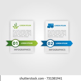 Vector illustration. An infographic template with 2 steps and an image of two rectangles. Use for business presentations, education, web design. Place for text and icons.