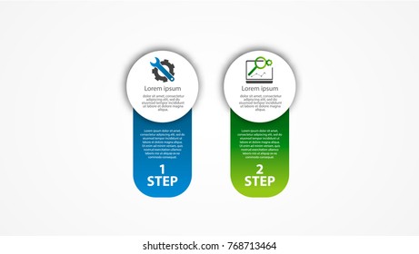 Vector illustration. An infographic template with 2 steps and an image of two rectangles. Use for business presentations, education, web design. Place for text and icons.