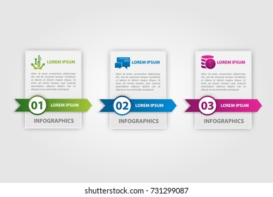 Vector illustration. An infographic template with 3 steps and an image of three rectangles. Use for business presentations, education, web design. Place for text and icons.