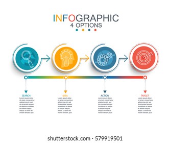 Modelo de infográfico de ilustração vetorial com etiqueta de papel de círculos 3D, modelo de negócios para apresentação. Conceito criativo para infográfico, diagrama, fluxograma, layout de fluxo de trabalho. Conjunto de ícones de negócios de linha.