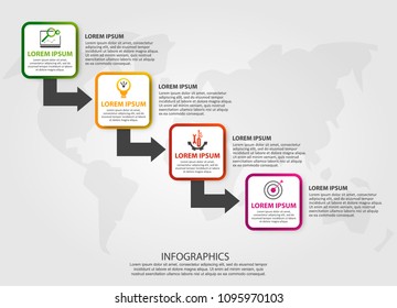 Vector illustration. An infographic template with 4 steps and an image of four squares and arrows. Use for business presentations, education, web design. Place for text and icons.