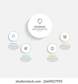 Vector illustration infographic template with 4 circles paper label, business template for presentation. Creative concept for infographic, diagram, flowchart, workflow layout. Line business icon set.