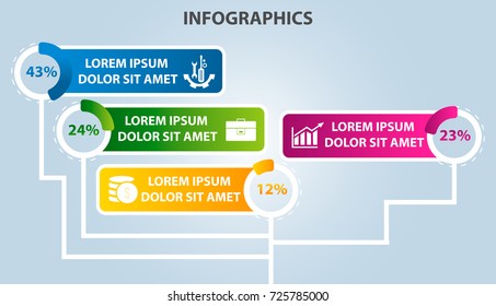 Vector illustration. Infographic template with 4 elements, circles and percentages. Contains icons and text. Designed for business, presentations, web design, diagrams with 4 steps.