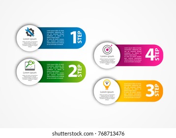 Vector illustration. An infographic template with 4 steps and an image of four rectangles and circles. Use for business presentations, education, web design. Place for text and icons.