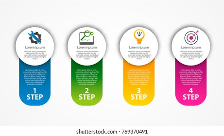 Vector illustration. An infographic template with 4 steps and an image of four rectangles and circles. Use for business presentations, education, web design. Place for text and icons.