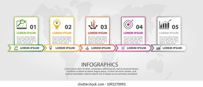 Vector illustration. An infographic template with 5 steps and an image of five rectangles. Use for business presentations, education, web design. Place for text and icons.