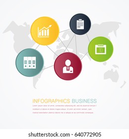 Vector illustration. An infographic template with 5 connected steps and an image of five circles on the world map. Used for business presentations, education, web design. Place for text and icons.