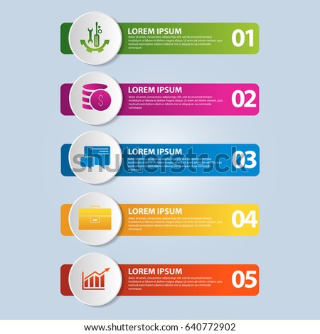 Vector illustration. An infographic template with 5 steps and an image of five rectangles and circles. Use for business presentations, education, web design. Place for text and icons.