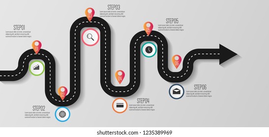 Vector illustration Infographic template 6 steps Road diagram.