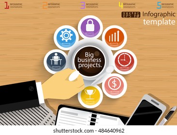 Vector illustration Infographic template Business modern Idea and Concept. with  coffee cup,paper,diary,Pen,cellphone,Colorful,icon,flat design.