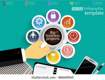Vector illustration Infographic template Business modern Idea and Concept. with  coffee cup,paper,diary,Pen,cellphone,Colorful,icon,flat design.